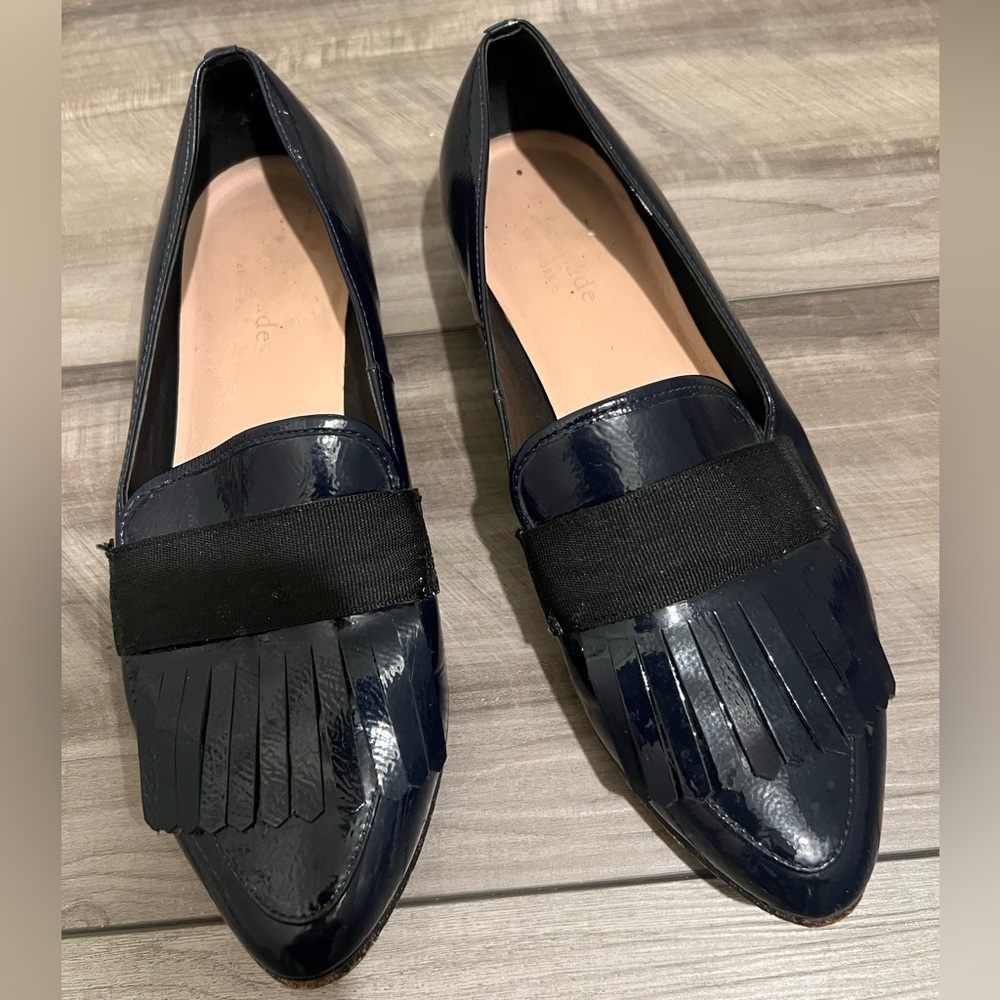 Kate Spade Glossy navy blue Loafers with Fringe Accent